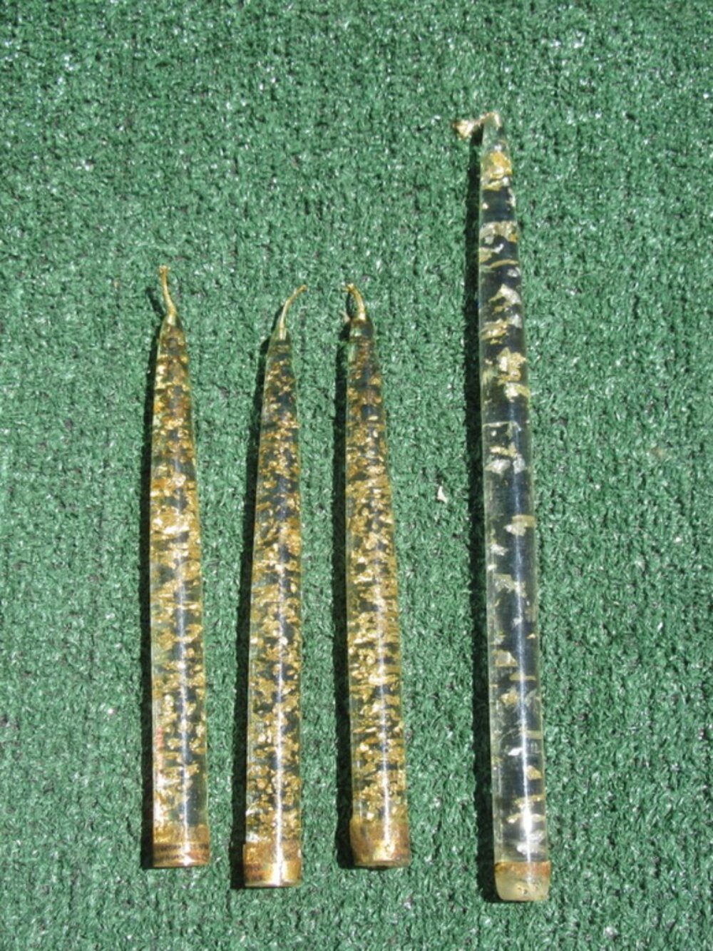 Vintage Lucite Acrylic Gold Fleck MCM Taper Candlestick Candles 8" & 11 1/2" Lot
